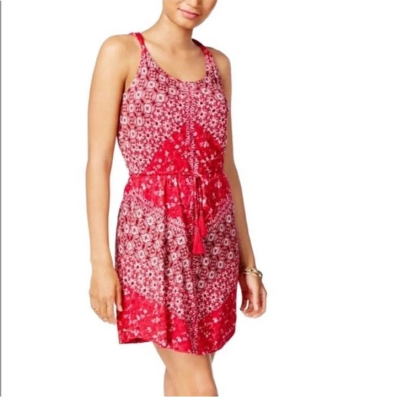 Lucky Brand Red Bandana Style Dress Pockets Small Tassel Boho Rodeo Festival - Picture 1 of 12
